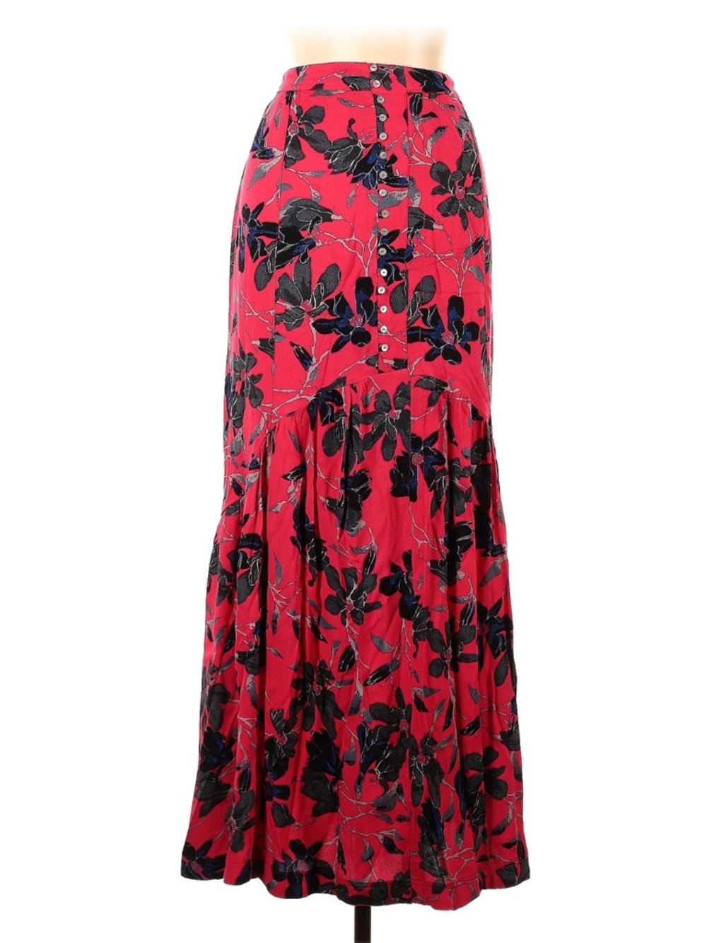 Free People Red and Black Floral Button-Front Maxi Skirt